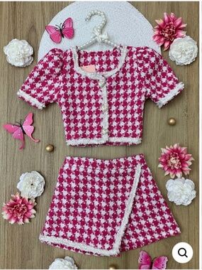 Mia Belle Girls, vibrant pink & white houndstooth skort set, girls size 10-12